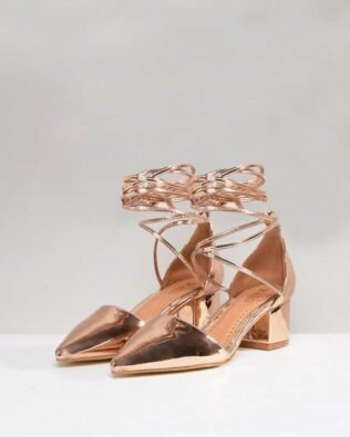 Gold Ankle Tie Block Heeled
